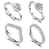 YUEWEESER 4Pcs 925 Sterling Silver Rings for Women Men Adjustable Cubic Zirconia Promise Rings Open Thumb Ring Set Friendship Promise Jewelry Mother's Day Gifts for Anniversary