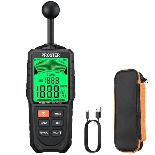 Proster Pinless Moisture Meter with Tri-Colour Display - Rechargeable Damp Meter for Walls with Visual & Sound Alerts, Moisture Detector for Index, Concrete, Cement, Plaster, Wood Detects up to 40mm