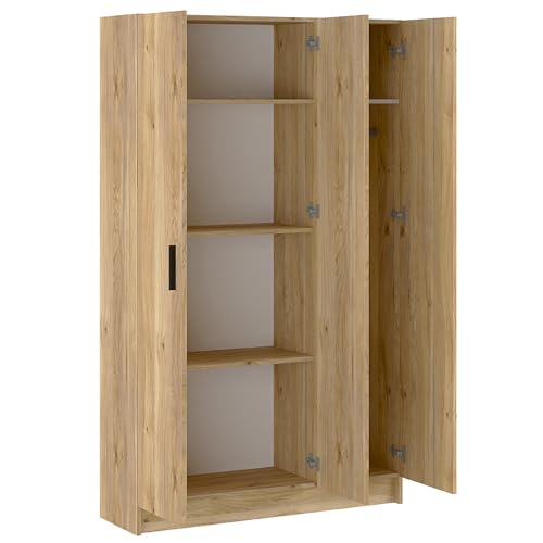 Duérmete Online - Armario Auxiliar Multiusos de Tres Puertas, 4 Baldas y Hueco para Escoba Alella, Color Roble Miel, 108 cm (Ancho) x 180 cm (Alto) x 35 cm (Fondo)