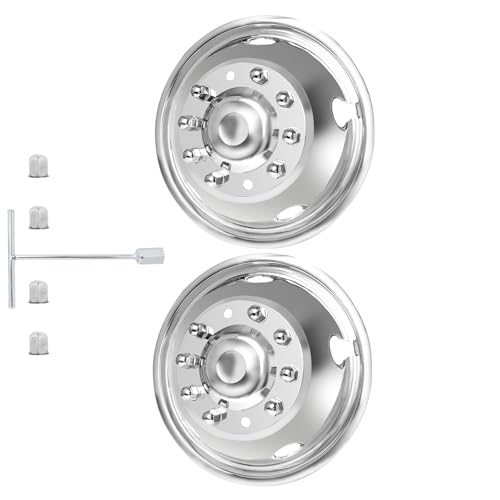 hightall 2Pcs Front Wheel 19.5 Wheel Simulators 19.5 10 Lug Stainless Steel Hubcaps Polished Surface Bolts On Wheel Cover Set Compatible with Ford 2005-2025 F450/F550