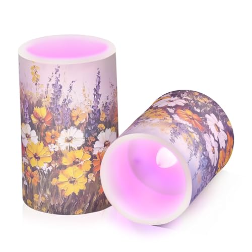 Image of Yellow White Purple Wildflowers Oil Pattern Flickering Flameless Candles LED Battery Operated with Remote Timer Pillar Candles for Home Birthday Wedding Christmas Decor, Set of 2