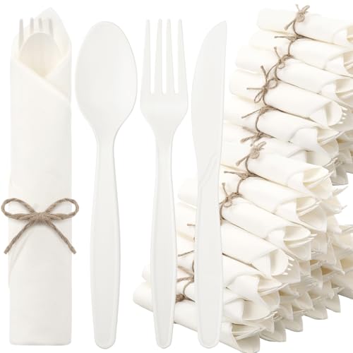 Honeydak Pre Rolled Napkin Cutlery Set 100% Compostable Utensils (200pcs 50set) 7 Large Disposable Utensils Wrapped Forks Knives Spoons Napkins Cornstarch Silverware Cutlery for Party (White)