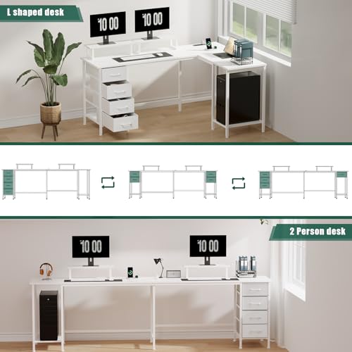 59 inch L Shaped Computer Desk with Power Outlets, Home Office Desk with 4 Adjustable Storage Drawers & 2 Monitor Stands, Two Person Gaming Table for Bedroom, White