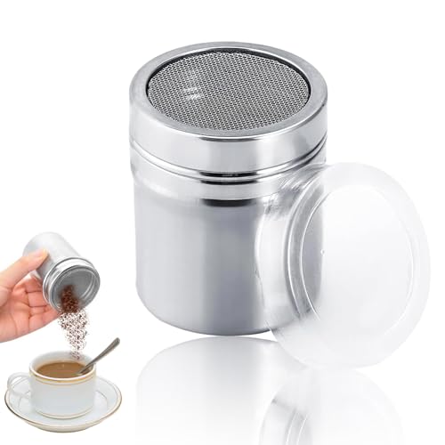 Tomtary Flour Sugar Shaker, Stainless Steel Icing Sugar Duster Fine Mesh Chocolate Powder Shaker Coffee Shaker Sifter with The Lid for Kitchen Baking Cooking Cappuccino Salt Cocoa Flour, FS13