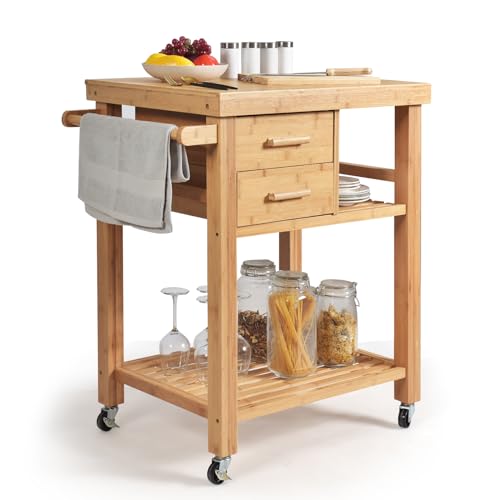 SILKYDRY Kitchen Island, Rolling Butcher Block Kitchen Cart on Wheels,