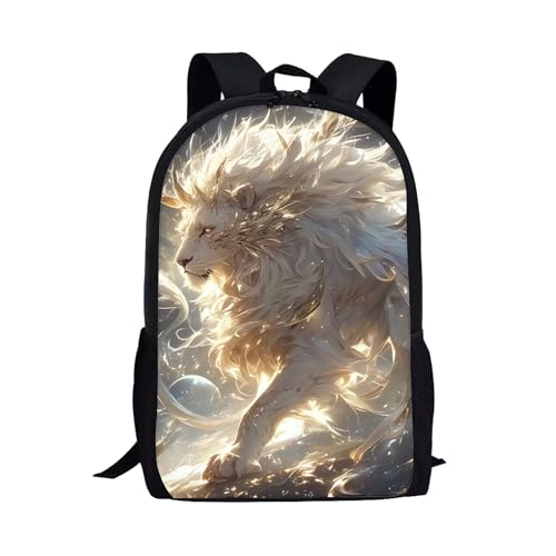 Classic Ethereal Lion Backpack with Elastic Side Pockets Sturdy School Bookbag for Boys Girls Novelty Print 17 Inch Large Capacity Student Backpack White