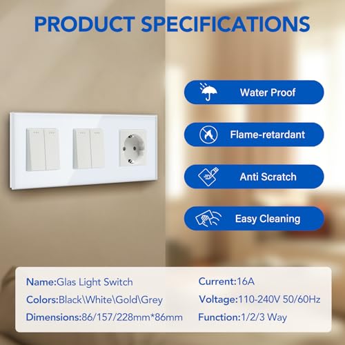 BSSED Doppel Lichtschalter mit Steckdose 2 Fach 1 Weg,10A Kristall Glas Platte Wandschalter mit 16A Schuko Steckdose Wei&szlig;, Physische Taste Schalter mit Steckdose- 228mm