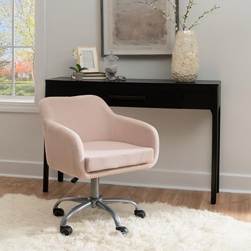 Linon Brooklyn Light Pink Corduroy Upholstered Swivel Office Chair with Silver Base - Thumbnail 2