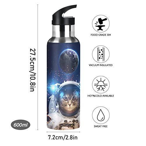 Space Cat Astronaut Water Bottle Kids Earth Planet Insulated Thermos Stainless Steel Hot Cold Water Flask Jug With Straw Lid For Sports Gym Running 20 Oz #TOP1