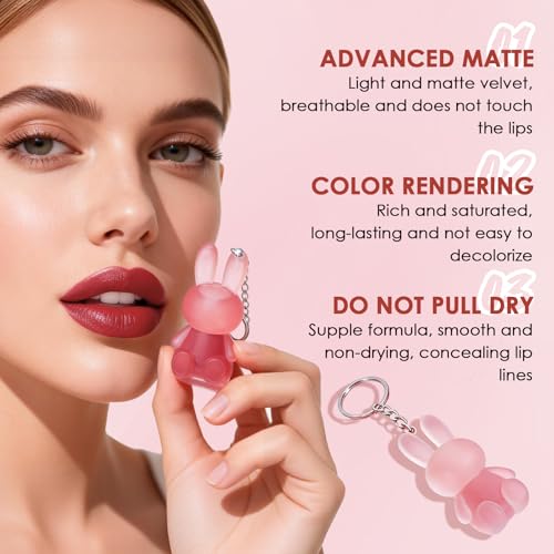 3Pcs Matte Lip Gloss Set, Cute Rabbit Matte Liquid Lipstick Set, 2 in 1 SchlüsselanhängerLippenstift, Lippenfarbe für Frauen und Mädchen