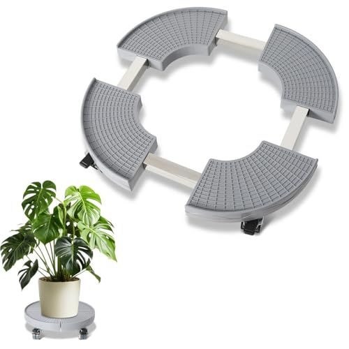 Peviasot Pflanzenroller, Gefäßroller, Blumenroller Rund mit 38-54,5 cm, 360 ° Drehbare Rädern, Pflanzen Rollbrett Tragkraft 200kg, Blumenroller mit Rollen für den Innen- und Außenbereich, Grau