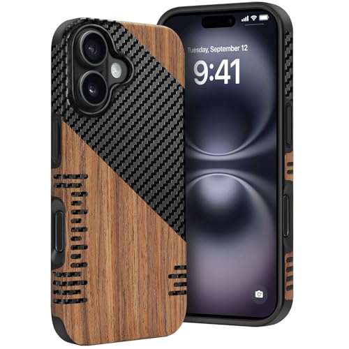 Dolstrap Custodia Magnetica Robusta Compatibile con Custodia iPhone 16, (Legno Naturale & Fibra di Carbonio Ibrida) Cover Sottile per iPhone, Nero+Marrone