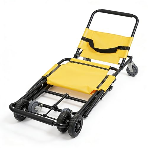 Portable Folding Lift Stair Chair, 350 lbs Capacity, Aluminum Alloy Manual Transport Chair with 4 Wheels & Safety Belts, Evacuation Rescue Chair for Moving Elderly Patients(Yellow)