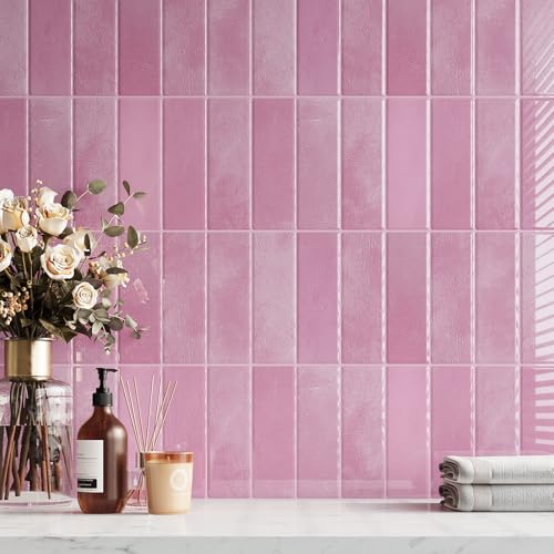 VaryPaper Pink Peel and Stick Backsplash for Kitchen 10 Sheets 12''x12'' Pink Subway Tile Stick on Backsplash Waterproof Vinyl Back Splash Removable Self Adhesive Wall Tiles for Bathroom Laundry Room
