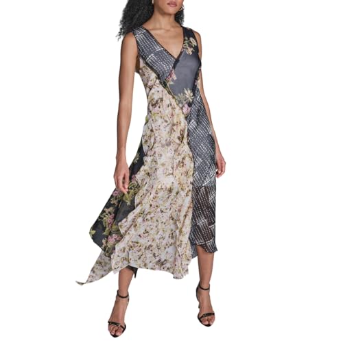 BCBG Women's Woven Ruffle Mixed Print Layered Dress, Black/Lush/Whisper White Combo, 12