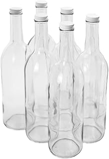 FastRack 750 ml Clear Bordeaux Wine Bottles (Pack of 6) with 6 Whiite METAL Caps | W5 Flint Flat-Bottomed Glass Bottles Ideal for Wine Making and Storage
