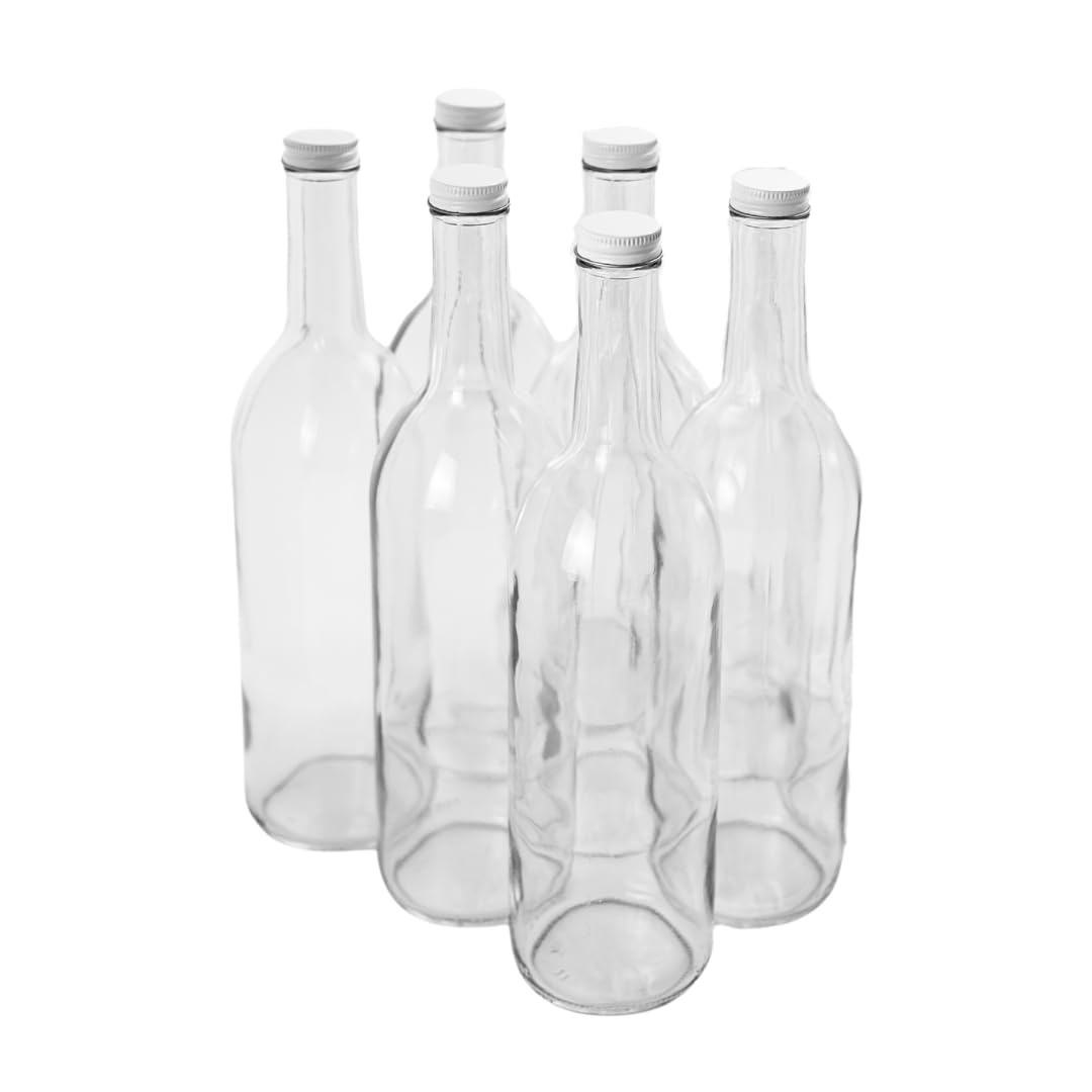 FastRack 750 ml Clear Bordeaux Wine Bottles (Pack of 6) with 6 Whiite METAL Caps | W5 Flint Flat-Bottomed Glass Bottles Ideal for Wine Making and Storage