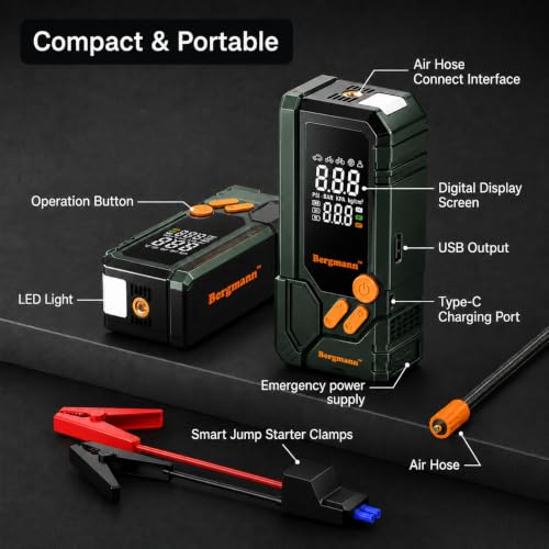 Image of Bergmann Stallion Heavy-Duty Cordless Tyre Inflator + Smart Jump Starter | 10000mAH Li-Ion Battery | LED Light | Type-C Port | for Cars, Bikes, Toys & Bicycles | Dark Green