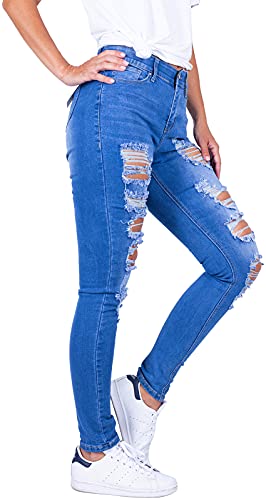 2LUV Women's Stretchy 5 Pocket Skinny Distressed Denim Jeans Medium Blue 112