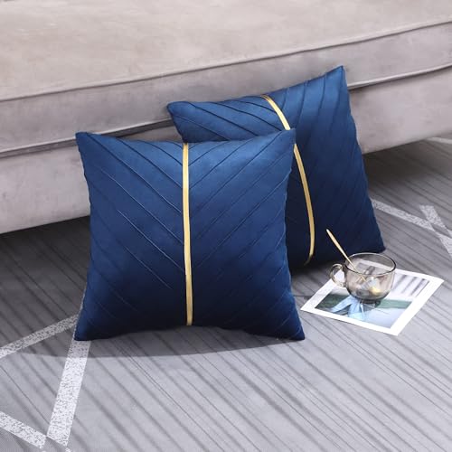 Image of Velvet Throw Pillow Covers 22x22 Pack of 2 Gold Decor Navy Blue