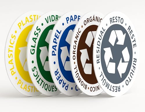 GOYAPRINT Placas Reciclaje Redondas Pack 5 Colores Ø19cm PVC 2mm Carteles de Separación de Residuos para Contenedores Interior y Exterior Gestion de Residuos en varios idiomas