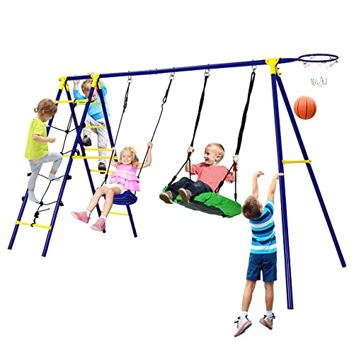 KOMFOTTEU Ensemble de Balançoire 5 en 1 avec 2 Balançoires, Échelle d'escalade, Filet d'escalade et Panier de Basket, Balançoire Enfant avec Cadre,...