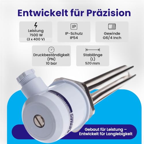 THERMIS Heizstab 7500W (3x400V) G6/4\ IP 54 Heizelement zum Erhitzen von Flüssigkeiten (Erhitzen von Wasser und ähnlichen Flüssigkeiten) Heizpatrone für Heizgeräte, Elektrokessel