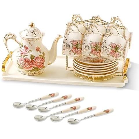 Jidaonop 21pcs Pink Rose Tea Cup Set, 7.8 Oz Vintage Tea Cups and Saucers Set for 6, European Coffee Cup Set with Tray and Gold Stand, Tea Pot Set, Floral Porcelain Tea Set for Women Tea Party Cover