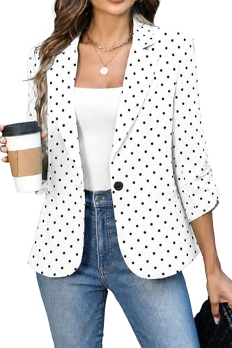 ELLEVEN Womens Blazer Business Casual Suit Jacket Slim Fit Fitted Ruched 3/4 Sleeve Petite Crop Blazer Dressy Full Lining Lightweight Outfits Coat Cardigan White/Black Polka Dot Large