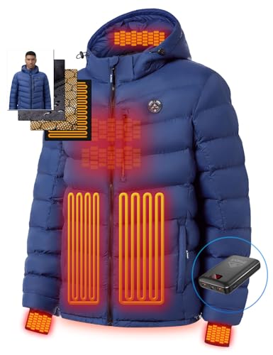 Men's Heated Jacket With 12V Battery Pack-Insulated Lightweight Hooded Hand-Heating Electric Heated Puffer Jacket (US, Alpha, Large, Regular, Regular, Blue)