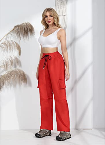 Women Casual Wide Leg Cargo Pants Convertible Zip Off Baggy Low Waist Sweatpants Cinch Joggers Hiking Trousers Red M #TOP2
