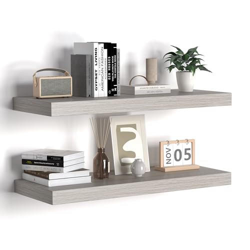 Floating Shelves - 24 Inch Rustic Wooden Wall Shelves - Extra Deeper & Thicker Wall Mounted Storage Shelf for Living Room Kitchen Farmhouse - 24 W x 9 D x 1.6H - Rustic Grey 2 Pack