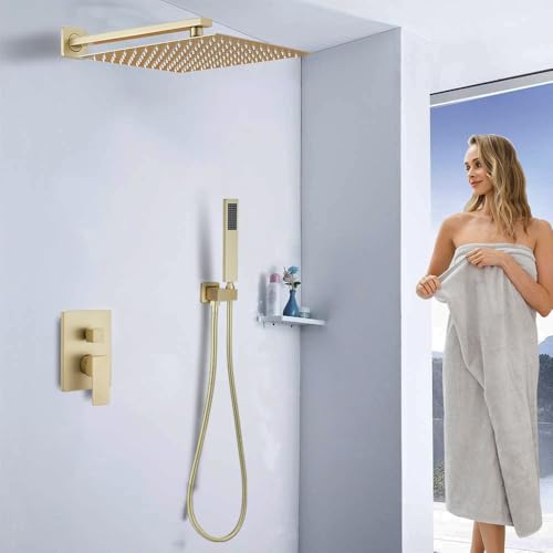 Image of Shower Faucet Set 16 Inch Wall Mount Rain Shower System, All Metal Shower Fixtures - Brushed Gold
