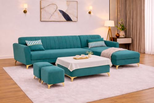 Image of Adorn India Premium Luster 8 Seater L Shape Sofa Set with 2 Puffy & 1 Center Table | Velvet Suede Fabric | 3-Year Warranty | RHS | Aqua Blue with Golden Legs & Striped Pattern Cushion