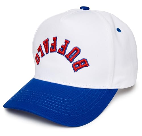 Funky Junque Retro Buffalo Hat Baseball Cap with Upside Down City Arched Embroidery Unisex Adjustable Snapback for Football Game Day Nightlife Buffalo (Backwards) - Royal Blue/White