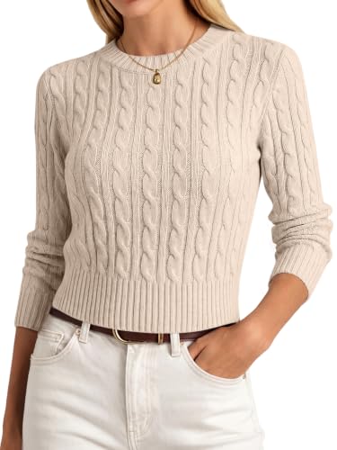 ANRABESS Womens Cable Knit Fall Lightweight Cropped Sweaters,Almond,S