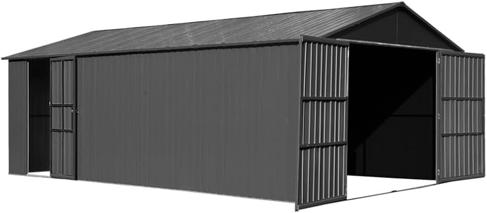 Outdoor Metal Garage Shed with Lockable Double Doors, Heavy Duty Steel Carport for Vehicles and Lawn Equipment