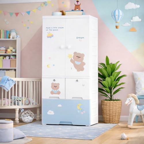 Image of Strassis Design Plastic Wardrobe for Kids| Almirah and Wardrobe for Baby Clothes| Modular Storage Cabinet with Wheel Organizer for Cupboard Rack for Clothes /Shoes /Books /Toy (Bear)