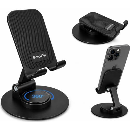 Image of Foldable Mobile Stand for Desk with 360 Rotating Base, Adjustable Phone Holder with Heavy Metal Base, Carbon Steel Desktop Stand, Anti-Slip Silicone Pads, Compatible with Smartphones up to 6.9 Inch