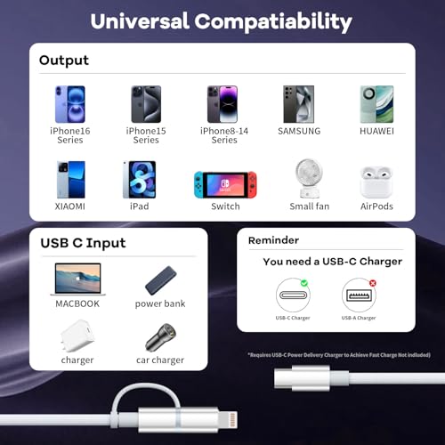 Image of 60W Max 2 in 1 USB C to C /IP Cable, Fast Charging Type-C Cable, Travel Essentials USB-C Multi iPhone 17 Charger Cord Compatible for iPhone 17-8, Android, iPad and More, Carplay Cable(2Pack 4FT)
