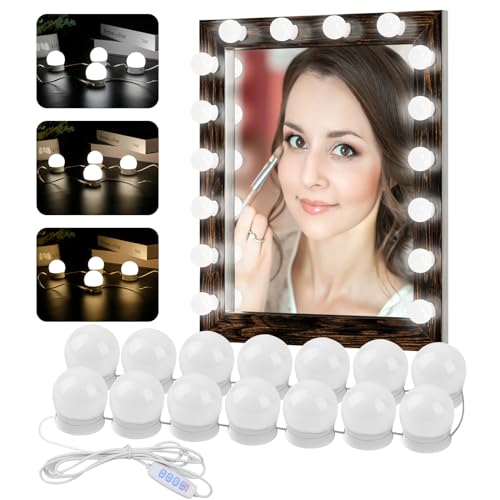 Weinsamkeit Luces de Tocador LED de 14 Bombillas para Espejo, Luces de Vanidad Con 3 Colores y Brillo Ajustables, Cable USB, Luces de Espejo se Pegan para Mesa de Maquillaje (No Incluye Espejo)