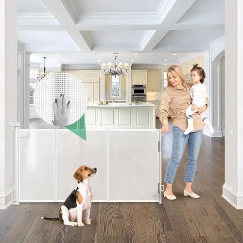 Image of Reinforced 85 Inch Wide Retractable Dog Gate Extra Long Baby Gate with Support Rods – Prevent Crawling Under, Indoor Extra Wide Retractable Baby Gate Retractable Gate Outdoor Gates for Decks, White