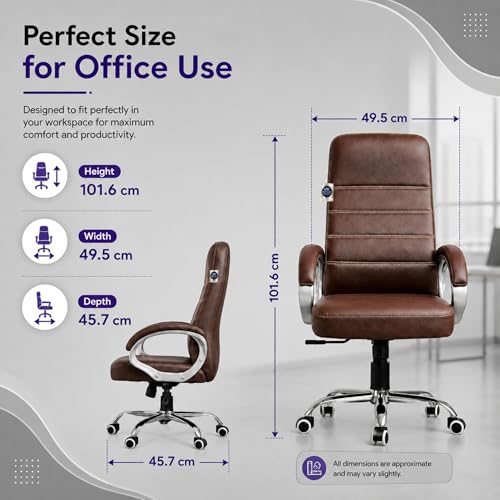 Image of Zen Executive Ergonomic Office Chair for Work from Home | Leatherette Revolving Chair with 360 Swivel, Chrome Base & Cushioned Seat (Brown, High Back)