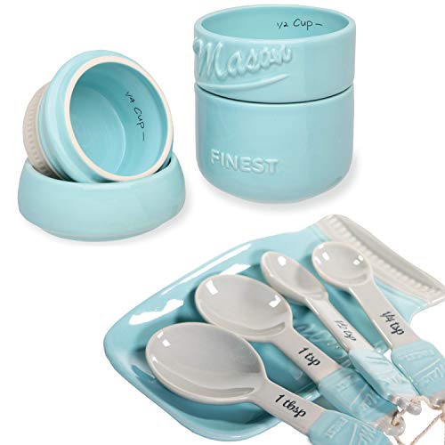 Mason Jar Kitchen Utensil Set - Includes Measuring Cups + Spoon Rest + Measuring Spoons (Blue)