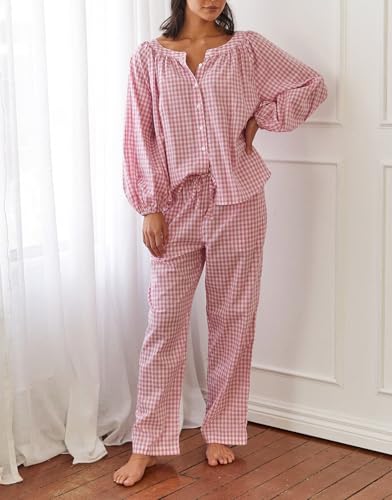 Image of Argeousgor Women Plaid 2 Piece Pajama Set Button Down Puff Sleeve Babydoll Shirt Gingham Pants Pj Lounge Set Sleepwear