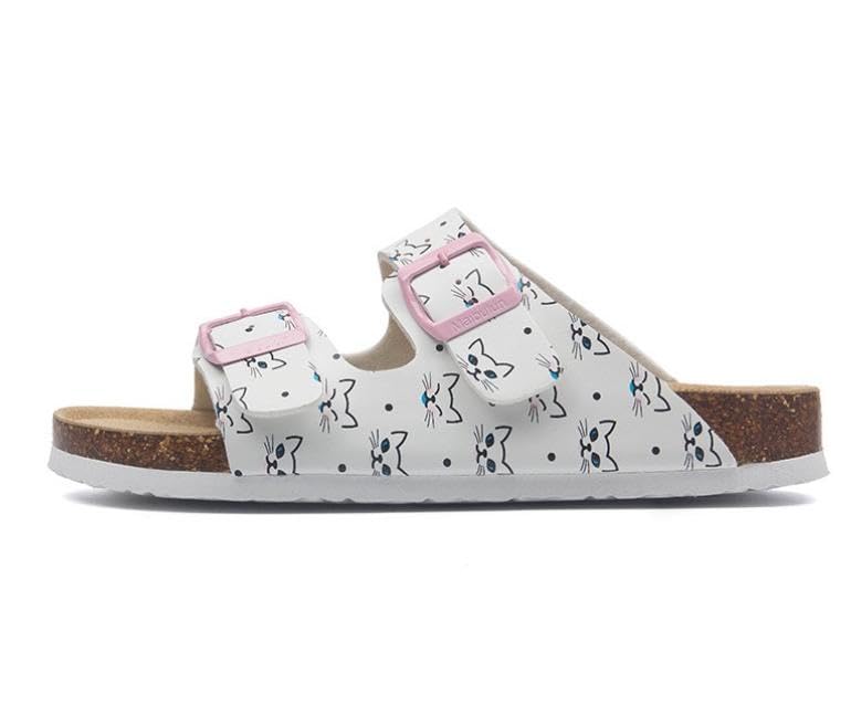 Cartoon Style Leather Cork Footbed Slide Sandal, Adjustable Buckle Slippers Comfortable Summer Beach Sandals Unisex Cute Footwear