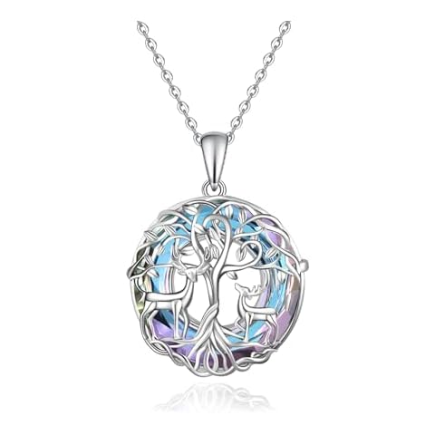 Fryneauy Deer Necklace Tree of Life Crystal 925 Sterling Silver Pendant Necklace Family Tree Jewelry Gift for Mother Women Sister Daughter Cover