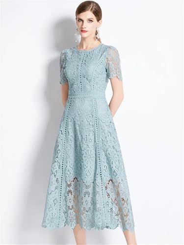 Image of Womens Vintage High-End O-Neck Short Sleeve Lace Hollow Out Dress Slim Elegant Long Dress