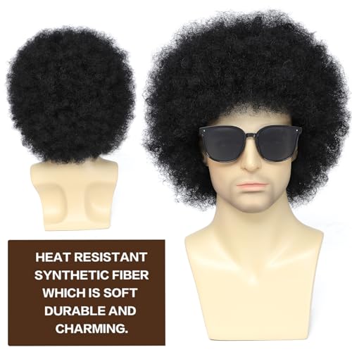 Image of Adequate Men & Women Black Afro Curly Wig Costume Set, 70s 80s Disco Rocker Party Kit with Sunglasses & Wig Cap, Heat Resistant Cosplay Wig for Halloween