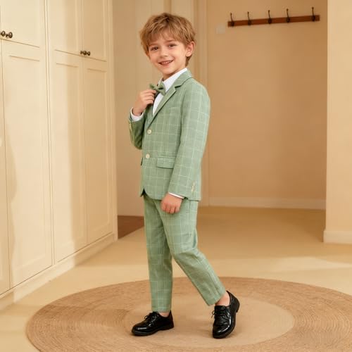 Image of LOLANTA Boys Suit Wedding Ring Bearer Outfit Kids Formal Wear Dress Clothes | Boy 3-Piece Plaid Suits, Sport Coat Blazer and Pants Set with Adjustable Bow Tie, Gentleman Birthday Party Graduation Outfits